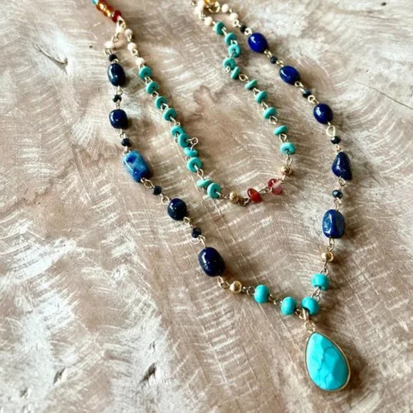 NWT Dylan Arden Blue Turquoise Stone Natural Crystal Beaded Layered Necklace - Picture 2 of 4
